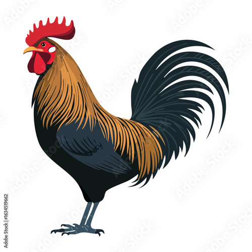 A colorful vector illustration of a rooster standing tall in profile. Proud cockerel with a red comb and black tail feathers isolated.