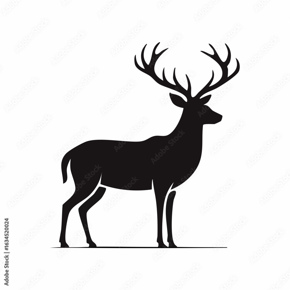 Obraz premium A majestic stag silhouette with large antlers, standing in a noble side profile. A minimalist black vector icon of a wild deer.
