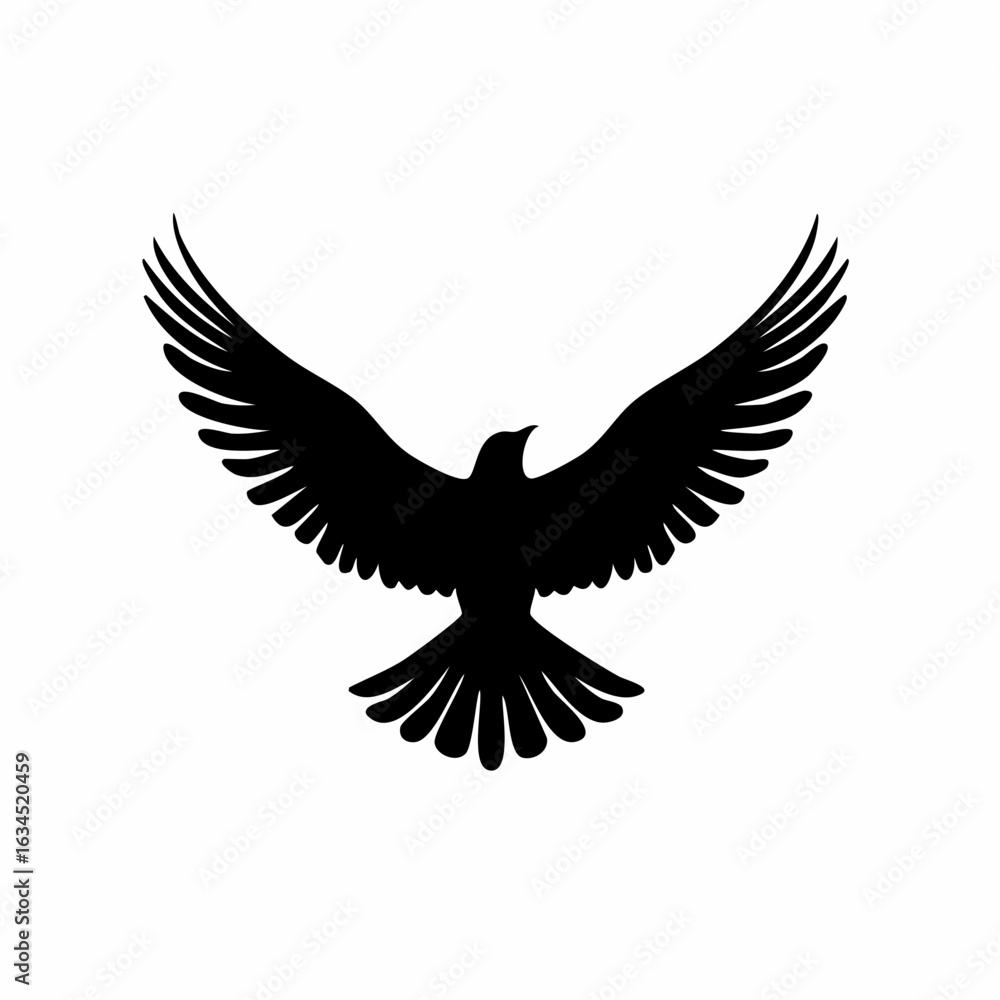 Fototapeta premium A flying bird silhouette in a 2D flat vector style, with its wings spread wide open. Symmetrical graphic design element.