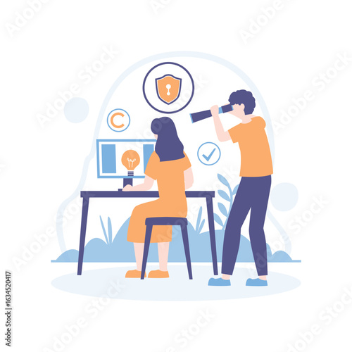 Flat illustration of businessman under spotlight with glowing lightbulb symbolizing breakthrough idea in front of audience