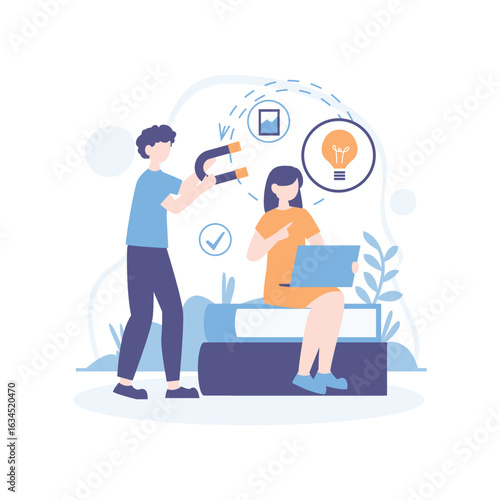 Flat illustration of businessman under spotlight with glowing lightbulb symbolizing breakthrough idea in front of audience