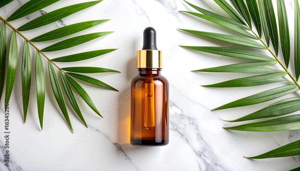 Fototapeta premium A golden dropper bottle of essential oil stands in rippling water, surrounded by lush green leaves and warm sunlight, evoking natural wellness and serene luxury.