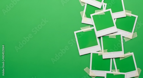 A green background with several white polaroid frames attached with tape along the right side edge frame