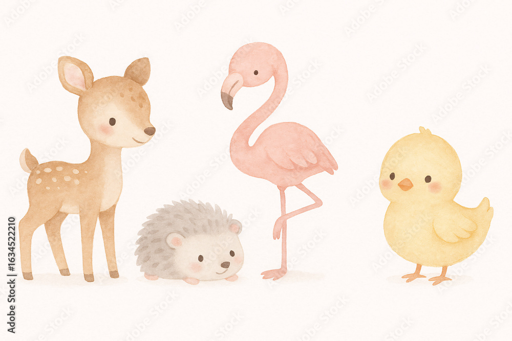 Fototapeta premium Adorable animal quartet – baby deer, hedgehog, flamingo, and chick in soft pastel watercolor style – cute nursery illustration for baby room decor, kids prints, and educational materials 