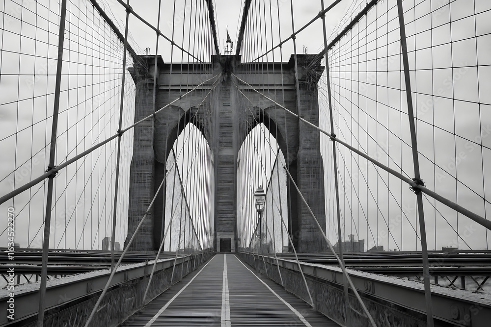 Fototapeta premium Brooklyn Bridge black and white photography, iconic New York City landmark with steel cables and Gothic stone arches, historic suspension bridge architecture, urban travel destination symbol of connec