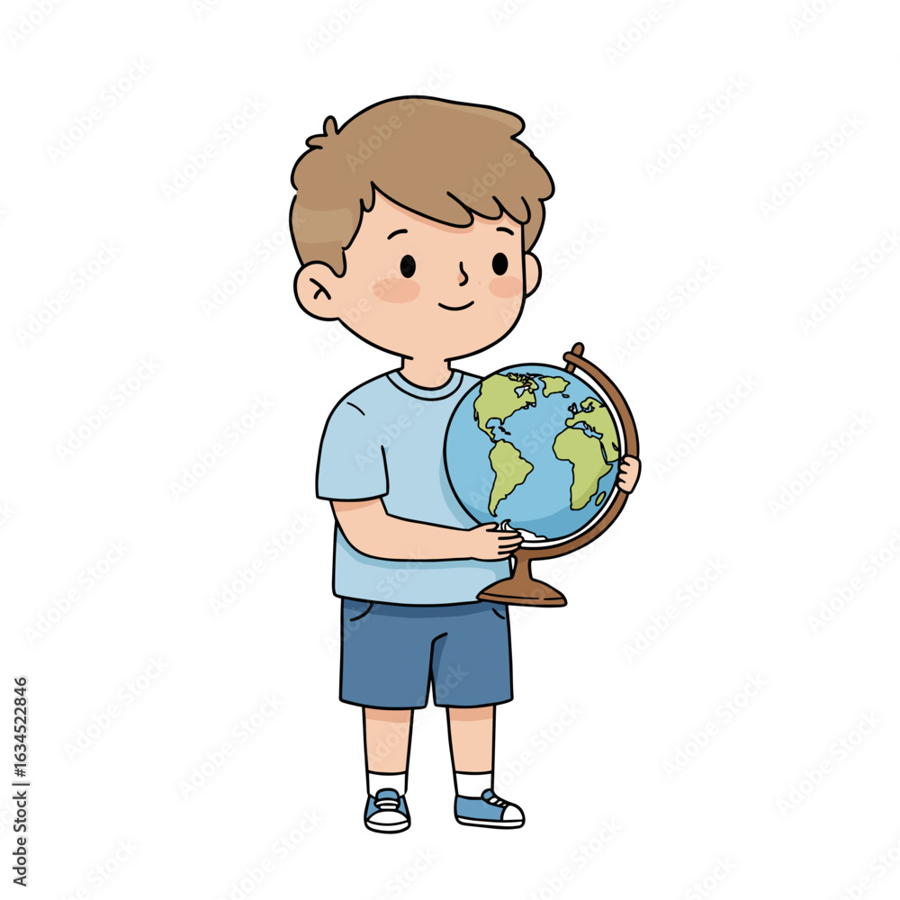 Fototapeta premium Boy holding a globe and smiling in a classroom setting - Concept of education 