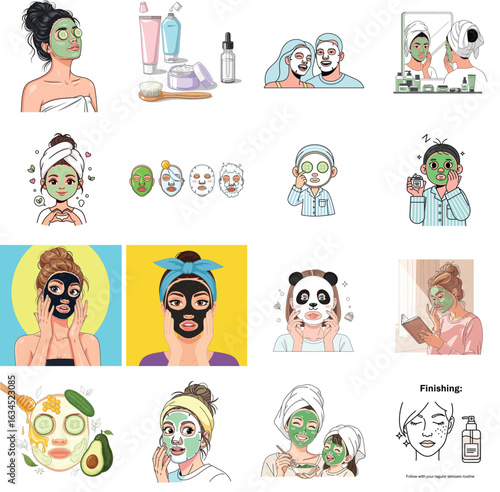 Collection of cartoon illustrations depicting people applying various facial masks and skincare treatments at home.