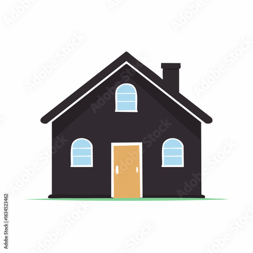 Simple black house with arched windows and chimney. Flat 2D vector illustration of a residential home icon isolated on a white background.