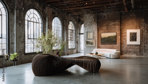 Industrial loft space with modern sculpture and art.  Large windows, high ceilings, exposed brick, and hardwood beams.  A unique, organic wooden bench is the focal point