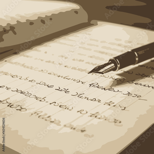 Vintage illustration of a classic fountain pen on a handwritten letter. Sepia-toned concept of old correspondence and calligraphy.