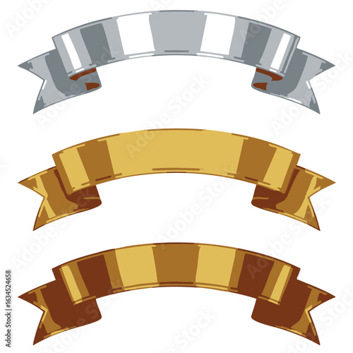 A collection of hand-drawn metallic ribbon banners in gold and silver, perfect for awards, certificates, and decorative design elements.