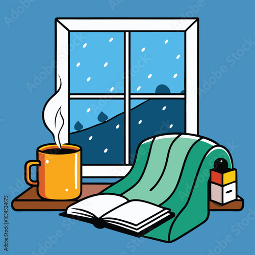A Cozy Reading Nook with a Soft Blanket a Steaming
