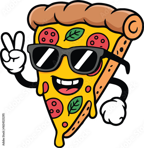 Cool Cartoon Pizza Slice Character with Sunglasses Making Peace, Funny Pizza Illustration