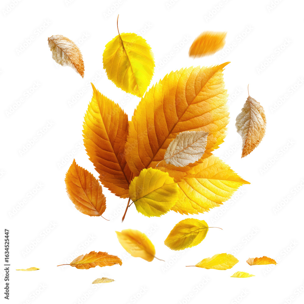 Obraz premium Autumn leaves in motion, vibrant golds and muted tones