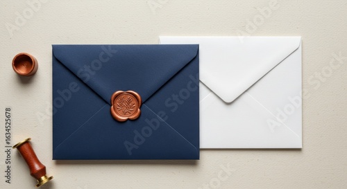 An overhead shot of a crisp navy blue envelope with a copper wax seal