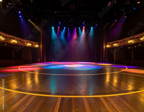 Empty theater stage lit with colorful spotlights