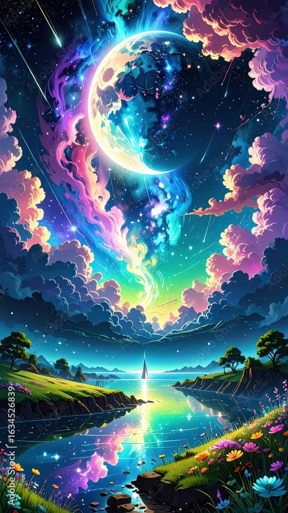 Obraz premium ファンタジーの夜空と光の宇宙風景の幻想的アート