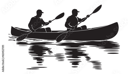 Black Canoe Silhouette on White Background – Simple Vector Graphic of Traditional Paddle Boat – Great for Outdoor Recreation Branding, Wilderness Guides, and Boating Visuals

