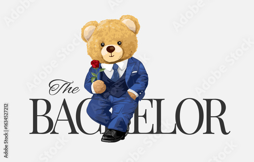 bachelor slogan with cute bear doll in formal suit holding rose vector illustration - created by hand drawn