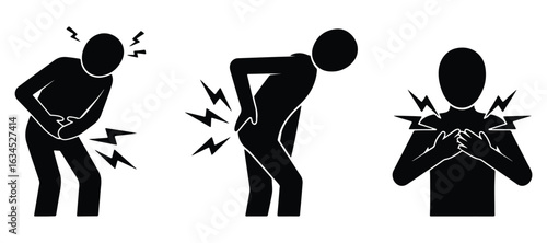 Pain Symptoms with Stick Figures Showing Stomach, Back, and Chest Pain