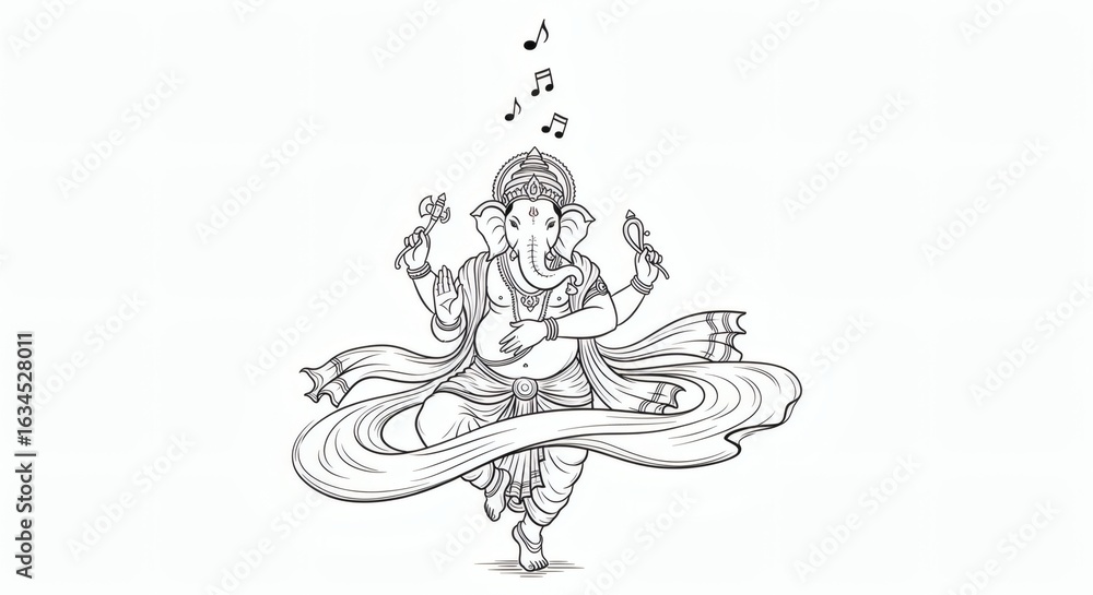Obraz premium Joyful Lord Vinayaka dancing and playing music, a beautiful black and white line art illustration of the Hindu deity blending divine melody.
