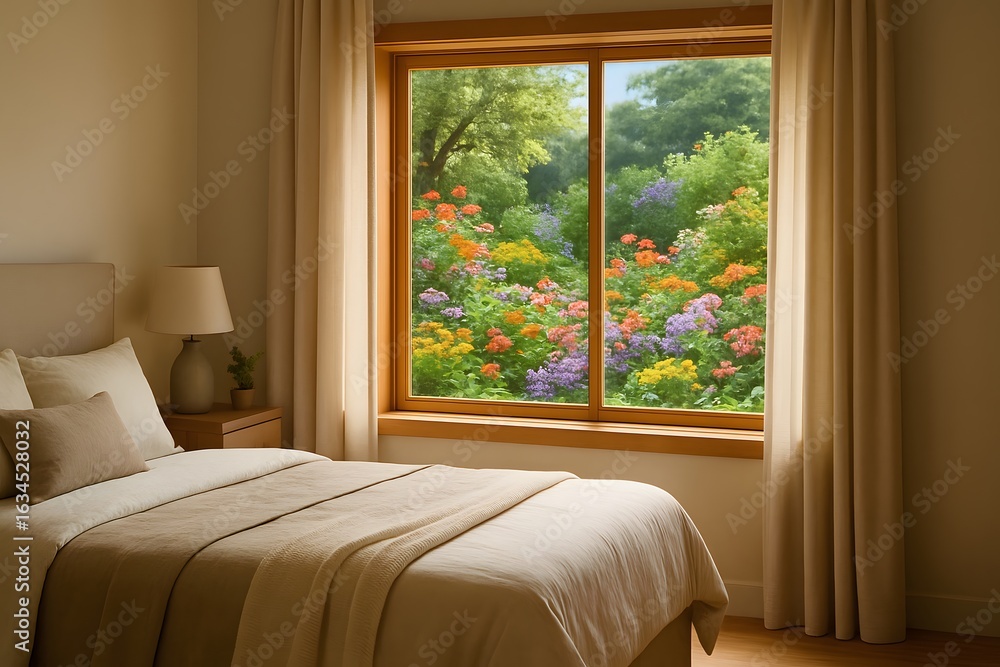 Fototapeta premium Cozy Bedroom with Vibrant Garden View Through Large Window