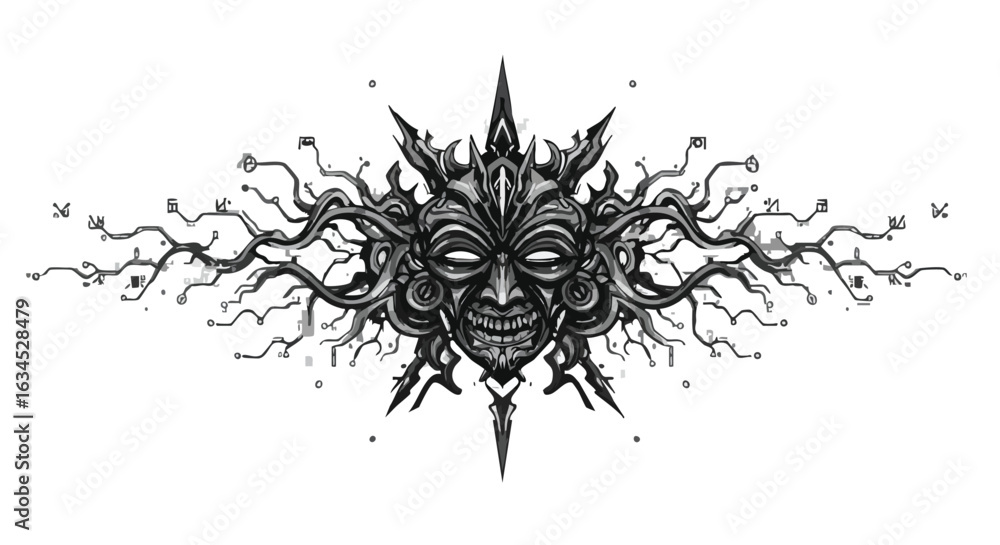 Obraz premium Vector Illustration of Tribal Mask with Abstract Elements in Dark Gray and Black in Modern Style