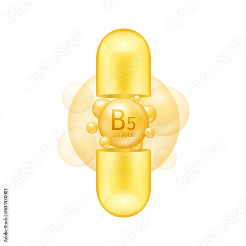 Open capsule vertical with orange vitamin B5 on white background. Pill vitamins complex collagen. Used for design cosmetic or dietary supplement products. 3D vector.