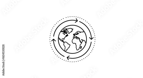 Earth with circular arrows in minimalist black and white line art