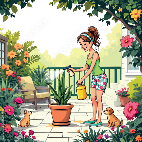 Vsai woman gardening and watering plants on her balcony garden