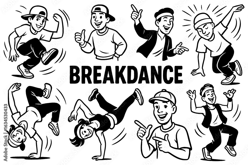 Obraz premium Breakdance characters in playful retro comic style, Transparent Background