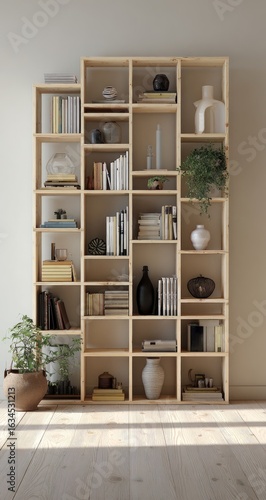Light-toned wooden bookcase, multiple shelves, filled with books and decorative items