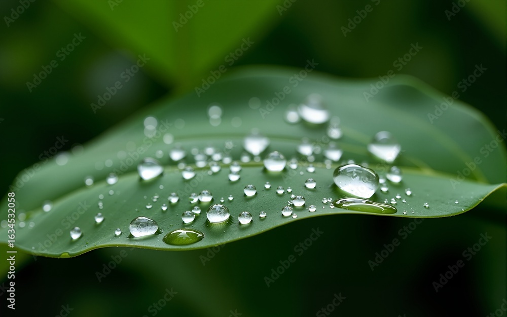 Water Droplets on Tropical Leaf with White Crystals on Green Background. High quality Water Droplets on Tropical Leaf with White Crystals on Green Background. High quality