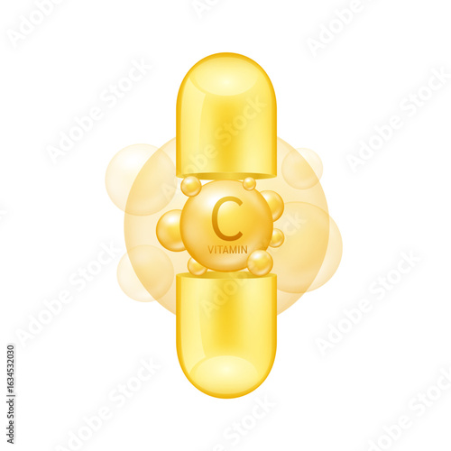 Open capsule vertical with orange vitamin C complex on white background. Pill vitamins collagen. Used for design cosmetic or dietary supplement products. 3D vector.