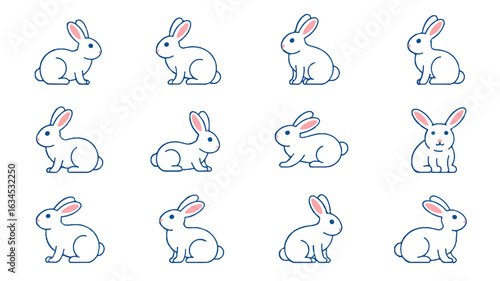 Collection of Twelve Cute White Cartoon Bunnies in Various Poses on a White Background bunny