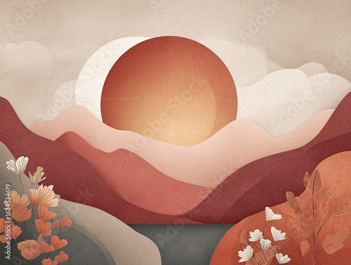 Boho Vector Landscape: Stylized Sun with Solar Panel Texture Over Mountain Scenery in Terracotta and Sage Palette