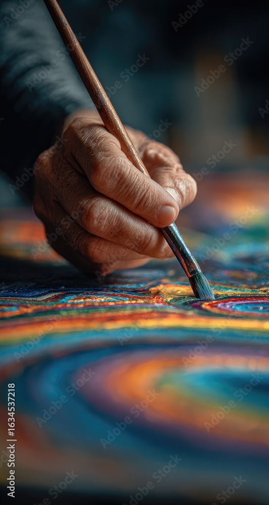 Obraz premium Close-up of a hand painting a vibrant abstract artwork. A detailed view of a hand holding a paintbrush, applying color to a surface with swirling patterns