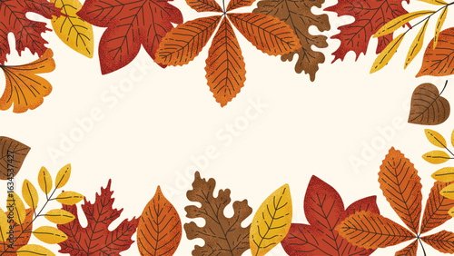 Hand drawn autumn background. A frame of fall leaves. Decoration for Thanksgiving and Harvest Day. Horse chestnut, white oak, ginko, red maple, sycamore, birch, sweetgum tree, beech leaf.