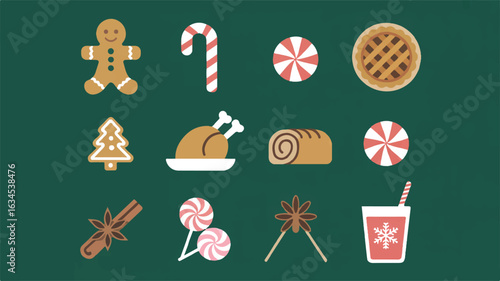 Festive Christmas Food and Drink Icons Set on Green Background holiday winter