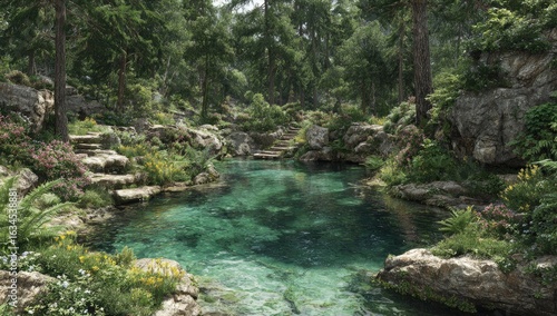 Serene alpine pool nestled amidst a lush forest.  Tranquil, 