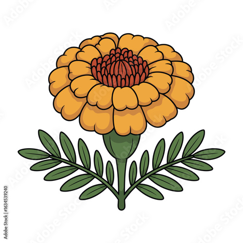 Vibrant yellow marigold flower with green leaves illustration