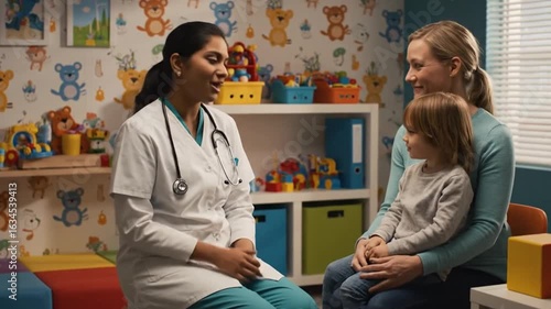 Pediatrician Consults with Mother and Child in Colorful Office