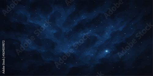 Blue fantasy space background with bright stars and a dark nebula