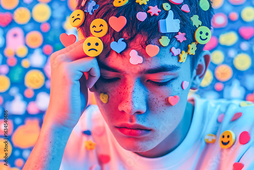 Teenager suffering from social media addiction covering face with emojis