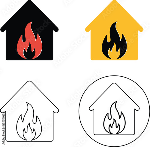 Simple illustrations representing home fire safety and awareness symbols