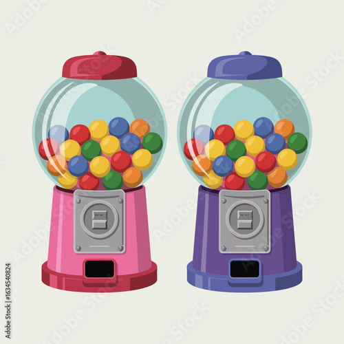 Two colorful gumball machines filled with candy on a light background