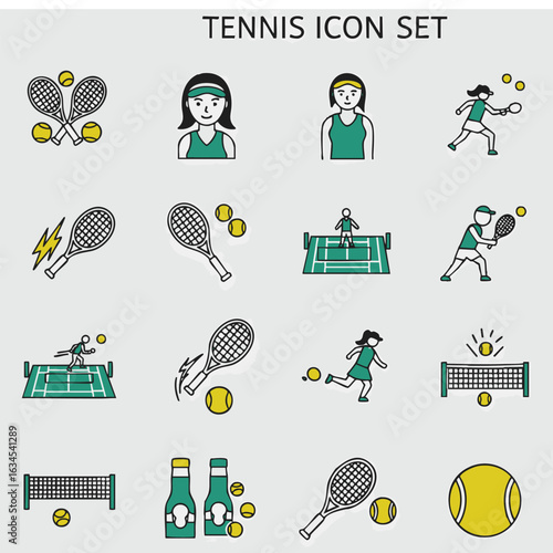 Tennis sport game thin line icon set. Vector illustration collection with player, racket, and court symbols for web and mobile interface design.
