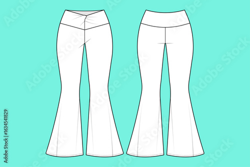 Women's Wide Leg 90s Sportswear Pants Fashion Flat Sketch Technical Drawings Vector Illustrator Template.