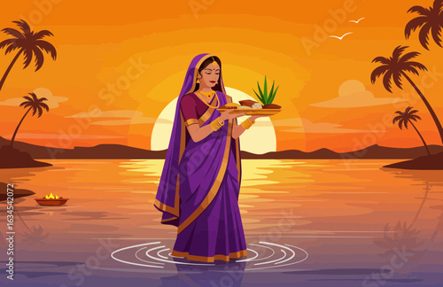 A woman in traditional Indian attire stands in a river at sunset, offering prayers and holding a puja thali during the sacred Hindu festival of Chhath Puja.