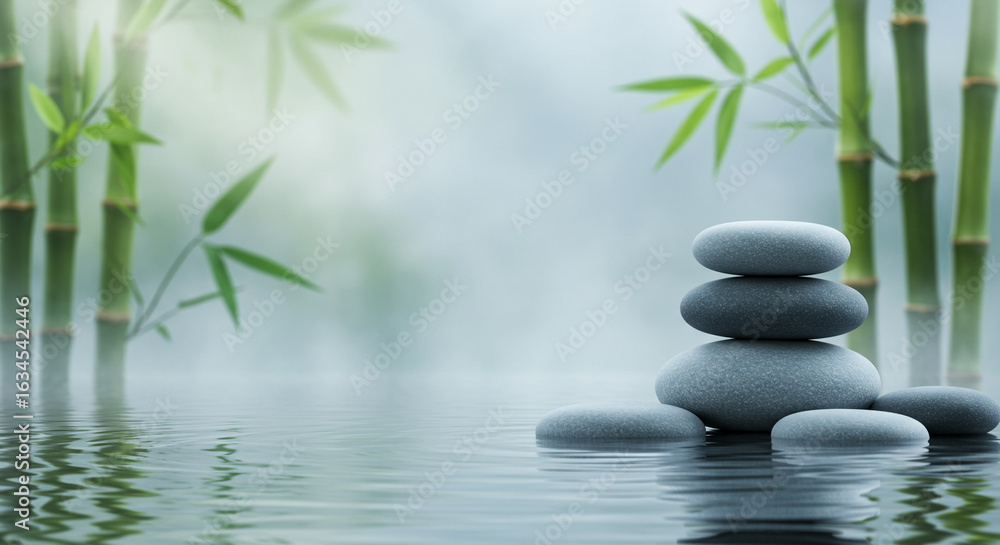 Fototapeta premium Serene Stacked Stones, Tranquil Bamboo, Misty Water: Zen Spa Background